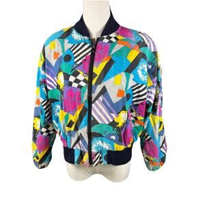 Vintage 80s L Ocean Pacific Bomber Jacket Abstract Wearable Pop Art Oversized
